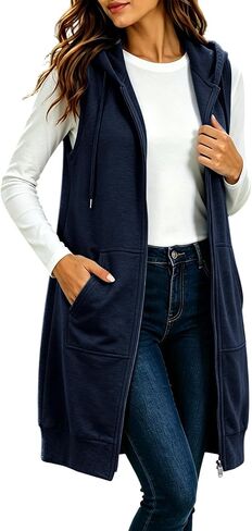 Zip Up Hoodie Women Sleeveless Longline Sweatshirt Vest with Pockets Fall | Sleeveless,Longline Hoodie Vest for Women Travelers,A Full Front Zipper and Deep Patch Pockets in Kuwait