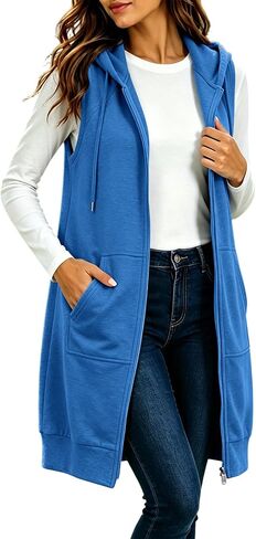Zip Up Hoodie Women Sleeveless Longline Sweatshirt Vest with Pockets Fall | Sleeveless,Longline Hoodie Vest for Women Travelers,A Full Front Zipper and Deep Patch Pockets in Kuwait