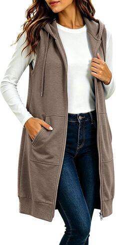 Zip Up Hoodie Women Sleeveless Longline Sweatshirt Vest with Pockets Fall | Sleeveless,Longline Hoodie Vest for Women Travelers,A Full Front Zipper and Deep Patch Pockets in Kuwait