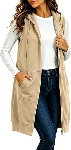 Zip Up Hoodie Women Sleeveless Longline Sweatshirt Vest with Pockets Fall | Sleeveless,Longline Hoodie Vest for Women Travelers,A Full Front Zipper and Deep Patch Pockets in Kuwait