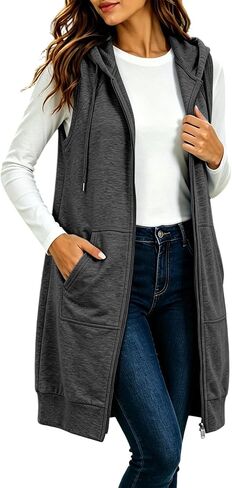 Zip Up Hoodie Women Sleeveless Longline Sweatshirt Vest with Pockets Fall | Sleeveless,Longline Hoodie Vest for Women Travelers,A Full Front Zipper and Deep Patch Pockets in Kuwait