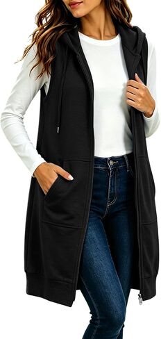 Zip Up Hoodie Women Sleeveless Longline Sweatshirt Vest with Pockets Fall | Sleeveless,Longline Hoodie Vest for Women Travelers,A Full Front Zipper and Deep Patch Pockets in Kuwait