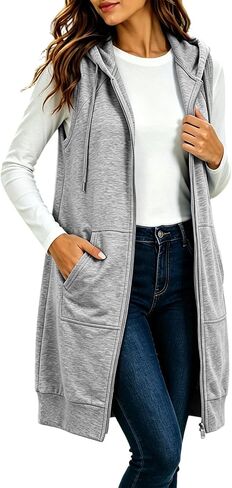 Zip Up Hoodie Women Sleeveless Longline Sweatshirt Vest with Pockets Fall | Sleeveless,Longline Hoodie Vest for Women Travelers,A Full Front Zipper and Deep Patch Pockets in Kuwait