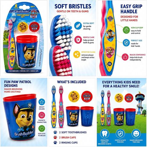 Brush Buddies Paw Patrol Manual Toothbrush and Cup Set for Kids Ages 2+ – Soft Bristles, Easy-Grip Handle, Fun Character Design, Toddler Oral Care Set for Boys and Girls in Kuwait