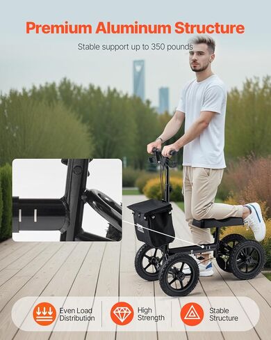 VEVOR Knee Scooter، مشاية للركبة قابلة للطي وتعديل الارتفاع، سكوتر من الألومنيوم لاستعادة الساق مع عجلات لجميع التضاريس مقاس 12 بوصة، فرامل مزدوجة، مثالية لإصابات القدم المكسورة في الكاحل، 350 رطل in Kuwait