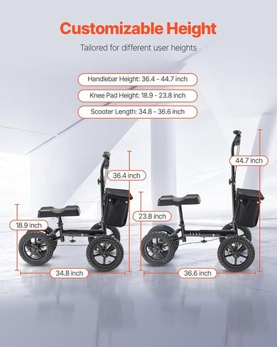 VEVOR Knee Scooter، مشاية للركبة قابلة للطي وتعديل الارتفاع، سكوتر من الألومنيوم لاستعادة الساق مع عجلات لجميع التضاريس مقاس 12 بوصة، فرامل مزدوجة، مثالية لإصابات القدم المكسورة في الكاحل، 350 رطل in Kuwait