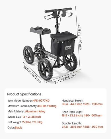 VEVOR Knee Scooter، مشاية للركبة قابلة للطي وتعديل الارتفاع، سكوتر من الألومنيوم لاستعادة الساق مع عجلات لجميع التضاريس مقاس 12 بوصة، فرامل مزدوجة، مثالية لإصابات القدم المكسورة في الكاحل، 350 رطل in Kuwait