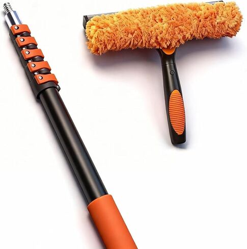 30FT High Window Cleaning Kit, 5-24 FT Telescoping Extension Pole with Dual Action Flip-Lock & Screw Fixing Design, 2-in-1 Window Squeegee, Professional Long Handle Washing Tool for High Windows in Kuwait