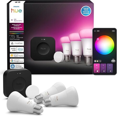 مجموعة أدوات فيليبس هيو المبتدئة: Bridge Pro + 4 مصابيح ذكية A19 E26، أجواء بيضاء وملونة، قابلة للتعتيم، محور إضاءة ذكي، تعمل مع Apple Home، Alexa، Google، Samsung SmartThings in Kuwait