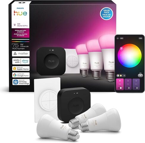 مجموعة أدوات فيليبس هيو المبتدئة: Bridge Pro + 4 مصابيح ذكية A19 E26، أجواء بيضاء وملونة، قابلة للتعتيم، محور إضاءة ذكي، تعمل مع Apple Home، Alexa، Google، Samsung SmartThings in Kuwait