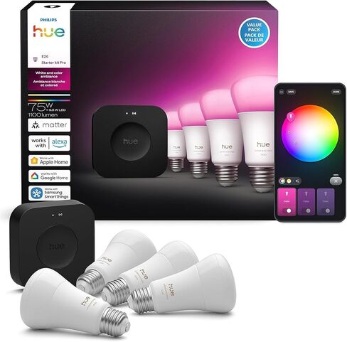مجموعة أدوات فيليبس هيو المبتدئة: Bridge Pro + 4 مصابيح ذكية A19 E26، أجواء بيضاء وملونة، قابلة للتعتيم، محور إضاءة ذكي، تعمل مع Apple Home، Alexa، Google، Samsung SmartThings in Kuwait