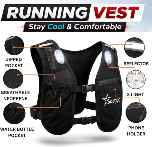 Running Vest for Women and Men, Adjustable Running Vest with Phone Holder, Hydration Vest with 500ml Soft Flask and 3 LED Lights, Reflective Running Backpack for Hiking, Cycling and Running in Kuwait