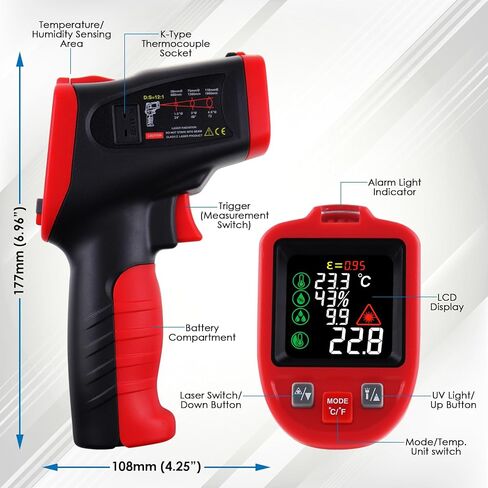 مسدس ميزان حرارة بالأشعة تحت الحمراء مع مشبك درجة حرارة الأنبوب، مقياس حرارة HVAC عالي الدقة (-50 درجة مئوية إلى 850 درجة مئوية) للطهي، وإصلاح المنزل، والفرن، والتدفئة والتهوية وتكييف الهواء، واستخدام السيارات والصناعية، وانبعاثية قابلة للتعديل in Kuwait