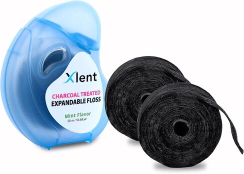 خيط تنظيف الأسنان الموسع Xlent - الفحم المنشط مع الزيليتول - النعناع - مجموعة المبتدئين القابلة لإعادة الملء (1 موزع + 2 عبوات إعادة تعبئة، إجمالي 150 مترًا) - خالٍ من PFAS وPTFE - شمع نباتي in Kuwait