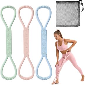 3-Piece Figure 8 Resistance Bands for Exercise with Handles, 8 Resistance Band for Physical Therapy - 10LB, 18LB, 24LB Silicone Set in Pink, Blue, Green for Home Gym & Fitness in Saudi Arabia