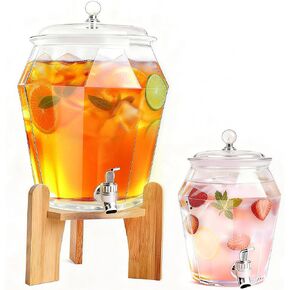 2 PCS Drink Dispenser Set, (1.85 & 0.69 gal) 2.5 Gallon Total Capacity- Shatterproof Plastic Beverage Containers with Wood Stand, Leak-Proof Spigot for Juice, Tea, Lemonade & Mimosa Bar Hosting in Kuwait