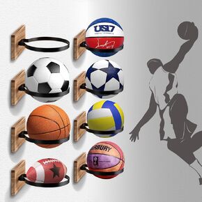 VZZNN Wall Mount Basketball Holder, 8 Pcs Ball Storage Display Rack with Wooden Base for Sports Collection, Modern Farmhouse Decor for Boys Room, Teen Bedroom Sports Accessories Organizer in Kuwait