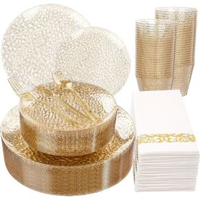Rubtlamp 175 Pcs Plastic Dinnerware Set (25 Guests), Clear And Gold Plastic Plates, Hammered Party Plates Include Dinner Platos, Dessert Platos, Cups, Gold Cutlery Set And Napkins for Party in Saudi Arabia