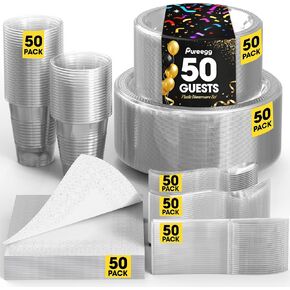 Pureegg Clear Plastic Plates Set - 350 Pcs Complete Dinnerware Sets for 50 Guests, Disposable Plates, Utensils, Cups, Napkins Included, for Party, Gathering, Wedding, Daily Use in Kuwait