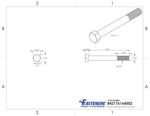 1/2-13 x 4-1/2" Hex Head Cap Screw Bolts, External Hex Drive, Stainless Steel 304, Partially Threaded, Stainless Steel, Quantity 5 By Fastenere in Kuwait