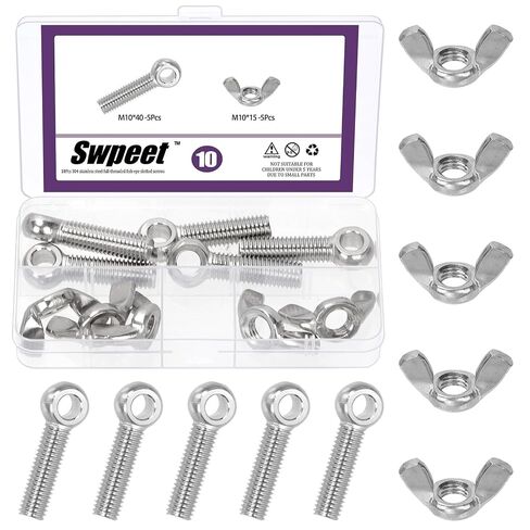 Swpeet 36Pcs 6 Sizes 304 Stainless Steel Machinery Shoulder Swing Lifting Eye Bolt and 4 Sizes Wing Nuts Assortment Kit, Metric Thread Fisheye Rigging Bolt, Butterfly Nuts Hex Dome Cap for Fastening in Kuwait