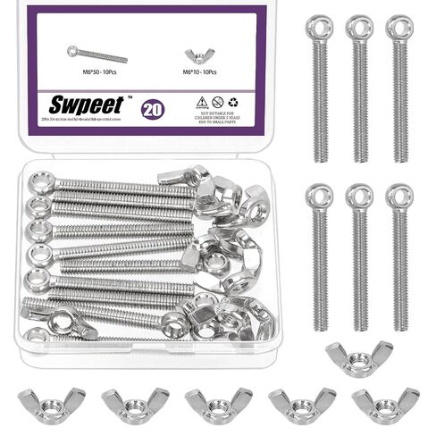 Swpeet 36Pcs 6 Sizes 304 Stainless Steel Machinery Shoulder Swing Lifting Eye Bolt and 4 Sizes Wing Nuts Assortment Kit, Metric Thread Fisheye Rigging Bolt, Butterfly Nuts Hex Dome Cap for Fastening in Kuwait