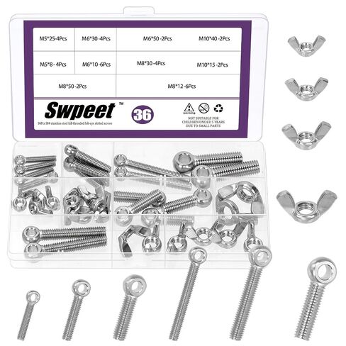 Swpeet 36Pcs 6 Sizes 304 Stainless Steel Machinery Shoulder Swing Lifting Eye Bolt and 4 Sizes Wing Nuts Assortment Kit, Metric Thread Fisheye Rigging Bolt, Butterfly Nuts Hex Dome Cap for Fastening in Kuwait