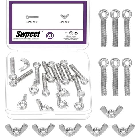 Swpeet 36Pcs 6 Sizes 304 Stainless Steel Machinery Shoulder Swing Lifting Eye Bolt and 4 Sizes Wing Nuts Assortment Kit, Metric Thread Fisheye Rigging Bolt, Butterfly Nuts Hex Dome Cap for Fastening in Kuwait