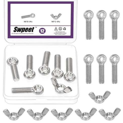 Swpeet 36Pcs 6 Sizes 304 Stainless Steel Machinery Shoulder Swing Lifting Eye Bolt and 4 Sizes Wing Nuts Assortment Kit, Metric Thread Fisheye Rigging Bolt, Butterfly Nuts Hex Dome Cap for Fastening in Kuwait