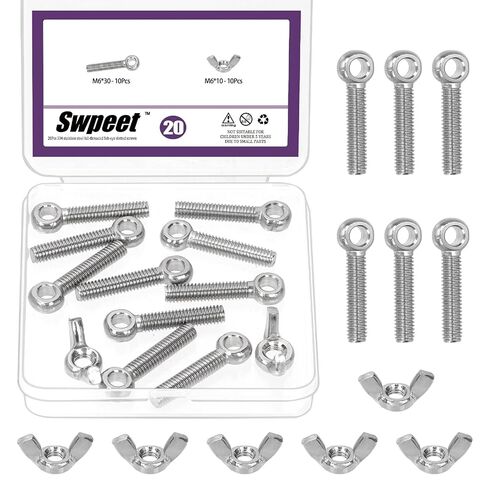 Swpeet 36Pcs 6 Sizes 304 Stainless Steel Machinery Shoulder Swing Lifting Eye Bolt and 4 Sizes Wing Nuts Assortment Kit, Metric Thread Fisheye Rigging Bolt, Butterfly Nuts Hex Dome Cap for Fastening in Kuwait