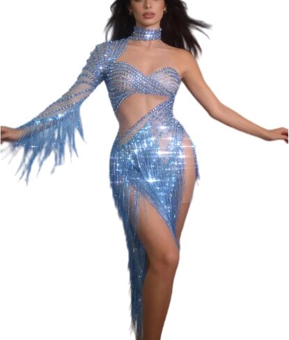 Blue One-Shoulder Fringe Dance Dress Women's Long Sleeve Rhinestone Illusion Waist Gown Latin Ballroom Performance Costume in Kuwait