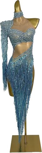 Blue One-Shoulder Fringe Dance Dress Women's Long Sleeve Rhinestone Illusion Waist Gown Latin Ballroom Performance Costume in Kuwait