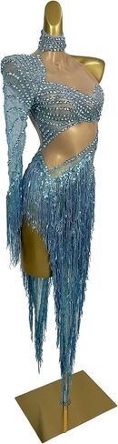 Blue One-Shoulder Fringe Dance Dress Women's Long Sleeve Rhinestone Illusion Waist Gown Latin Ballroom Performance Costume in Kuwait