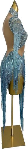 Blue One-Shoulder Fringe Dance Dress Women's Long Sleeve Rhinestone Illusion Waist Gown Latin Ballroom Performance Costume in Kuwait