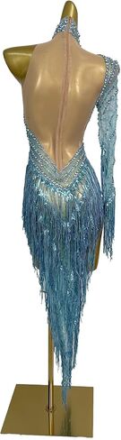 Blue One-Shoulder Fringe Dance Dress Women's Long Sleeve Rhinestone Illusion Waist Gown Latin Ballroom Performance Costume in Kuwait