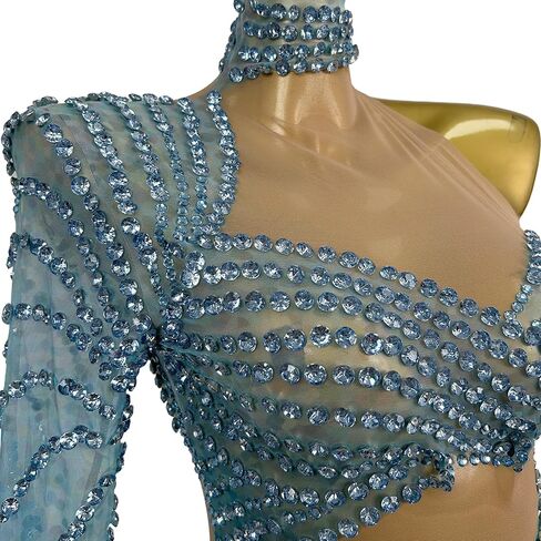 Blue One-Shoulder Fringe Dance Dress Women's Long Sleeve Rhinestone Illusion Waist Gown Latin Ballroom Performance Costume in Kuwait