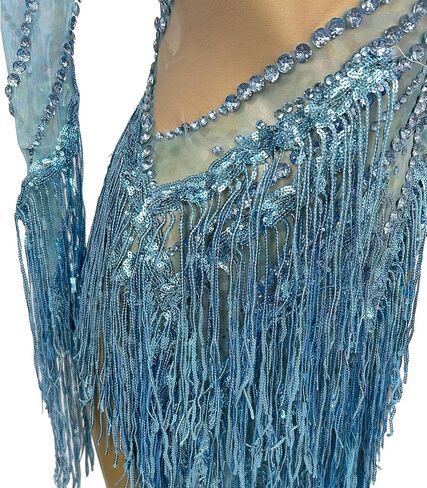 Blue One-Shoulder Fringe Dance Dress Women's Long Sleeve Rhinestone Illusion Waist Gown Latin Ballroom Performance Costume in Kuwait