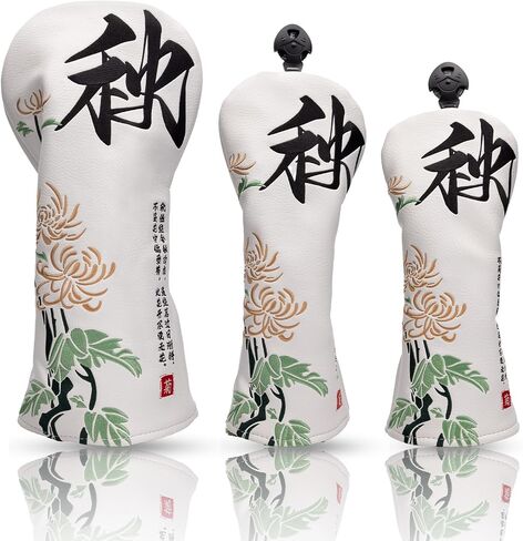 Golf Club Covers, Chrysanthemum Golf Head Covers for Drivers, Fairway Woods, Hybrids, Mallet and Blade Putter Golf Headcovers with Advanced Embroidery PU Leather for Most Brand in Kuwait