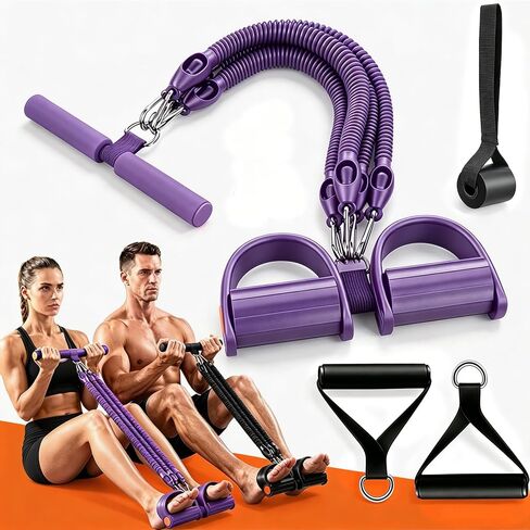 2026 Upgrade Foot Pedal Resistance Band with Handle,Unisex 4-Tube & 25-100 lbs Adjustable Elastic Sit up Pull Rope for Waist, Pedal Ankle Puller Resistance Band for Full Body Exercise（Purple in Kuwait