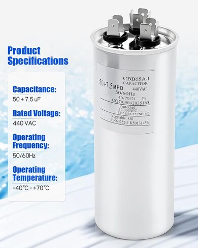 97F9987 مكثف مزدوج مستدير 50 ​​+ 7.5μF MFD 440 VAC 50/60 هرتز، استبدل C45075R in Saudi Arabia