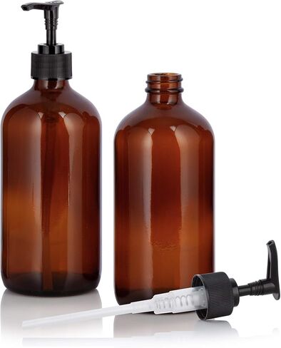JUVITUS (2 pack) 16 oz Amber Boston Round Glass Bottles with Black Lotion Pump in Kuwait
