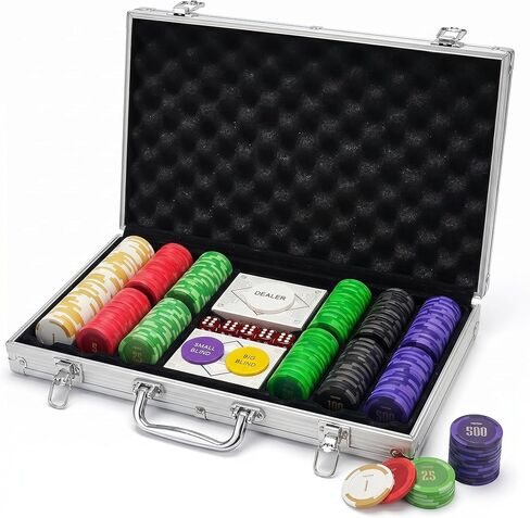 HEITOK 500 pcs Poker Chips Set 14g Clay Composite Denominations Travel Case | For 2-10 players: numbered values, 2 card decks, 5 dice, dealer and blind buttons for Blackjack, Omaha and home game nights in Kuwait