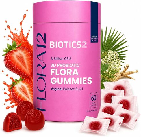 Flora12 3D Probiotic Haginal Health & PH Balance Gullies - 8 مليارات بروبيوتيك ، prebiotics ، 5 مستخلصات عشبية من اليام البري ، النخيل ، Dong Quai ، Kelp البرية ، Motherwort - 60 Vegan Sugarfree Gummies in Kuwait
