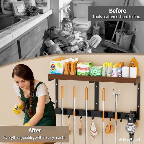 Broom Holder Wall Mount with Cleaning Supplies Organizer, Laundry Room Shelves with Mop Hanger Rack Gripper Hooks and Vacuum Organizer, Broom and Mop Organizer Wall Hanging for Home Garage Kitchen in Kuwait