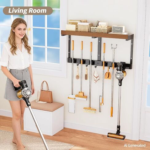 Broom Holder Wall Mount with Cleaning Supplies Organizer, Laundry Room Shelves with Mop Hanger Rack Gripper Hooks and Vacuum Organizer, Broom and Mop Organizer Wall Hanging for Home Garage Kitchen in Kuwait