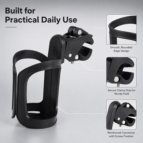 Black Clamp-On Cup Holder for Bike, Stroller, Scooter, Wheelchair and Walker, Tool-Free Handlebar Drink Holder for Water Bottles, Coffee Cups and Daily Travel in Kuwait