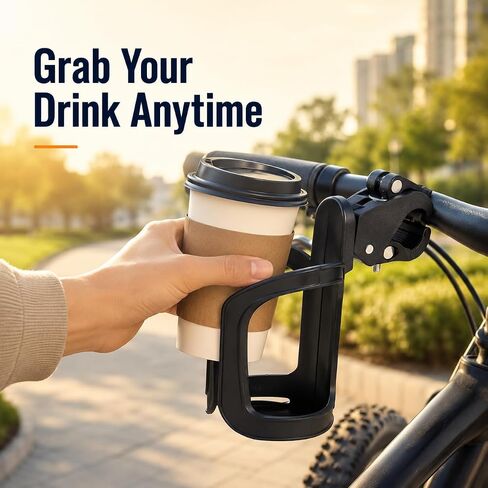 Black Clamp-On Cup Holder for Bike, Stroller, Scooter, Wheelchair and Walker, Tool-Free Handlebar Drink Holder for Water Bottles, Coffee Cups and Daily Travel in Kuwait