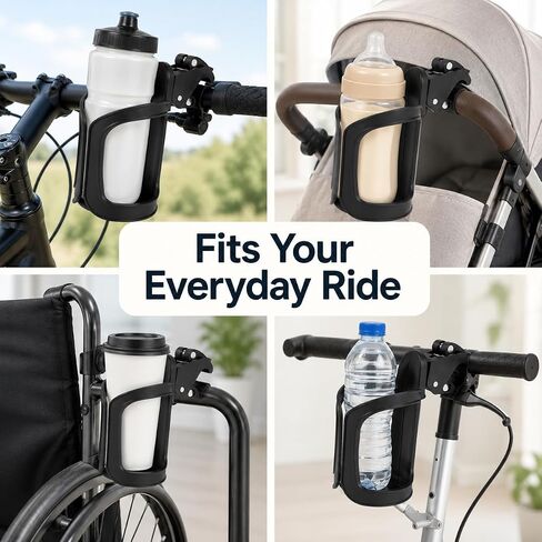 Black Clamp-On Cup Holder for Bike, Stroller, Scooter, Wheelchair and Walker, Tool-Free Handlebar Drink Holder for Water Bottles, Coffee Cups and Daily Travel in Kuwait