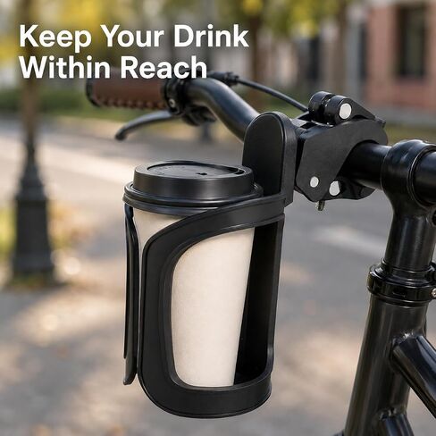 Black Clamp-On Cup Holder for Bike, Stroller, Scooter, Wheelchair and Walker, Tool-Free Handlebar Drink Holder for Water Bottles, Coffee Cups and Daily Travel in Kuwait