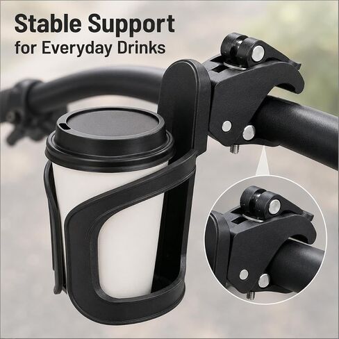 Black Clamp-On Cup Holder for Bike, Stroller, Scooter, Wheelchair and Walker, Tool-Free Handlebar Drink Holder for Water Bottles, Coffee Cups and Daily Travel in Kuwait